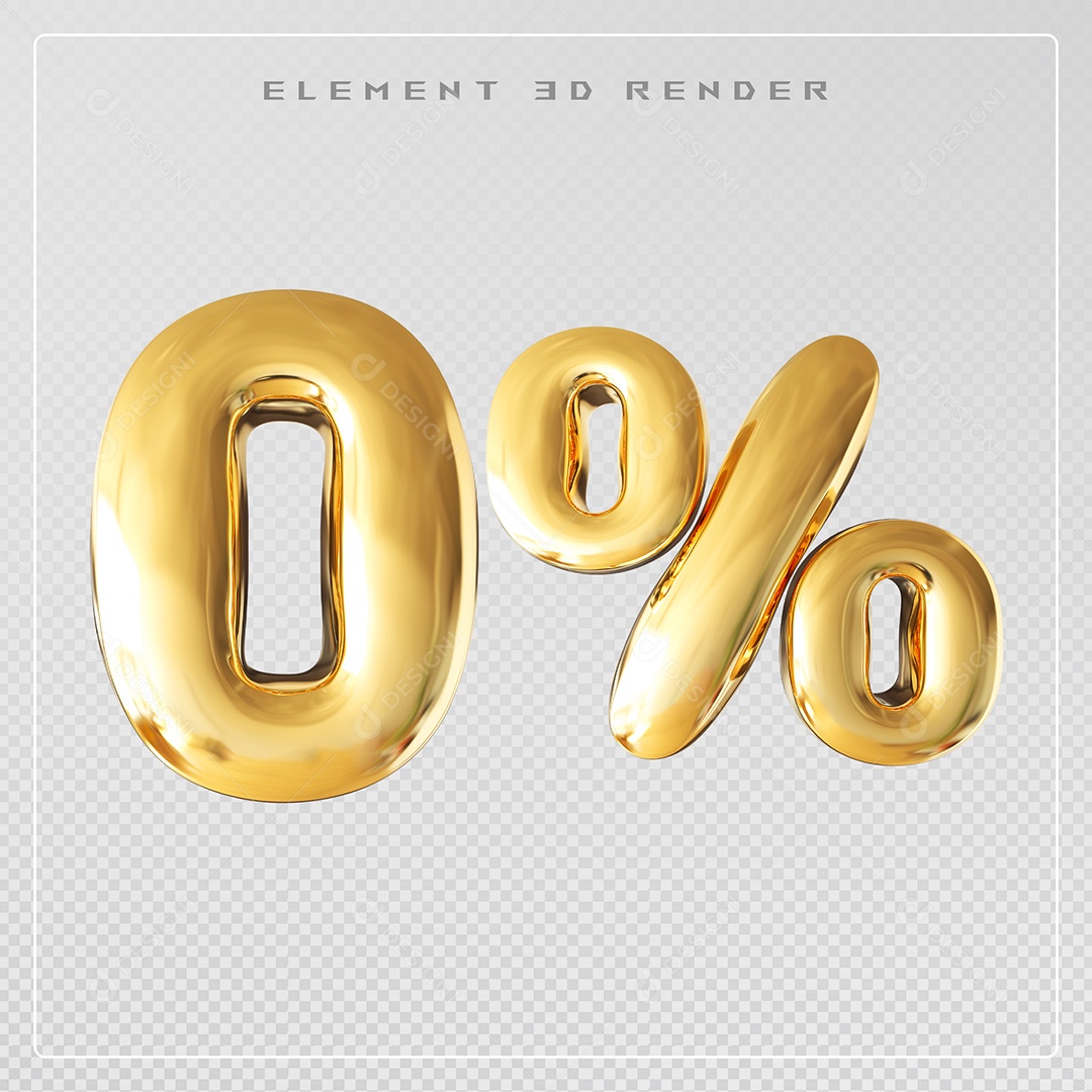 Elemento 3D Número 0% Desconto Dourado para Composição PSD