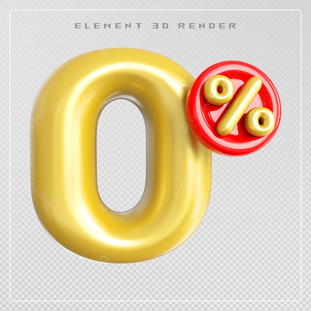 Elemento 3D Número 0% Desconto Dourado para Composição PSD