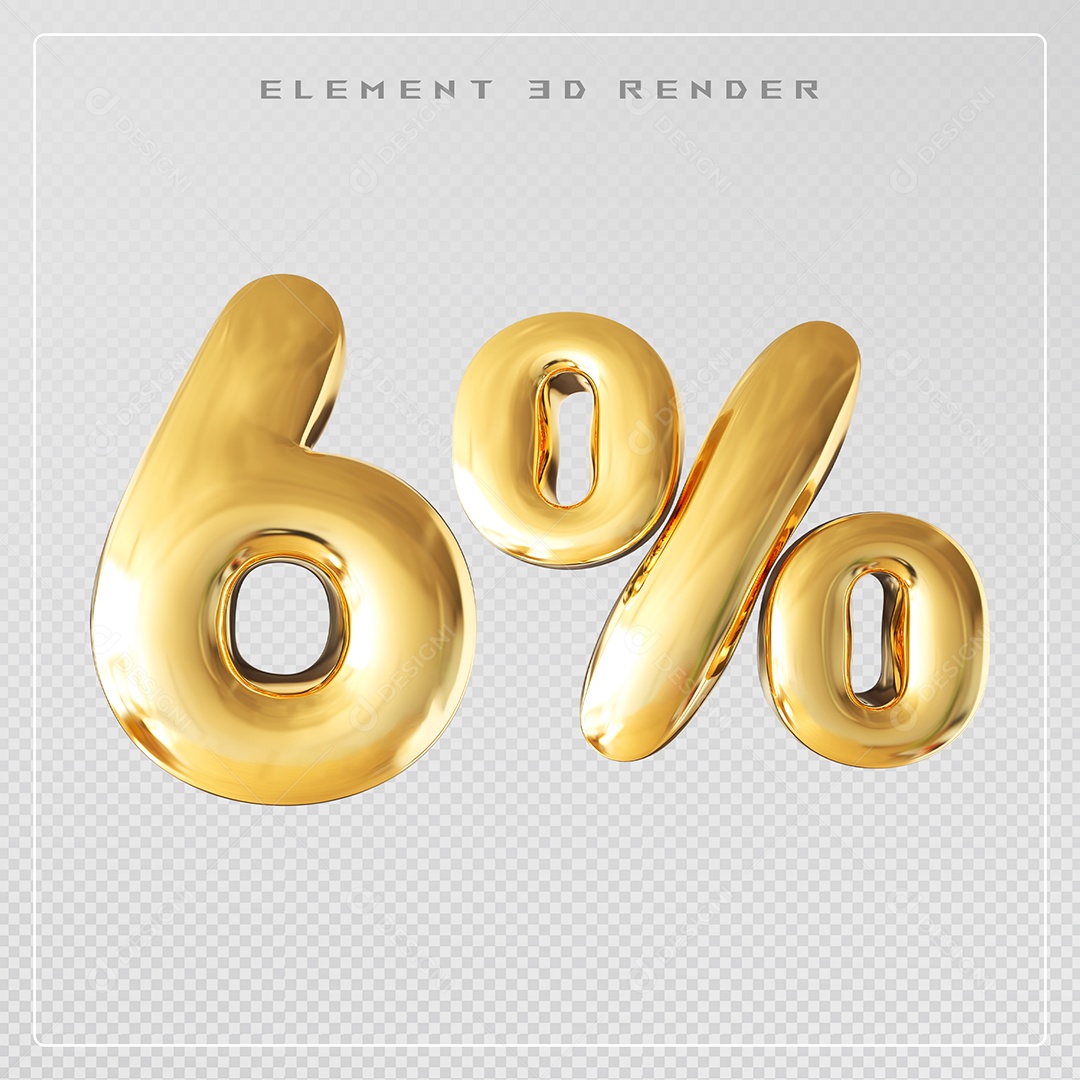 Elemento 3D Número 6% Desconto Dourado para Composição PSD