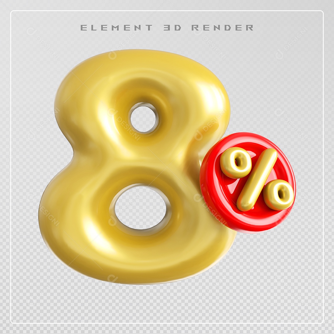 Elemento 3D Número 8% Desconto Dourado para Composição PSD