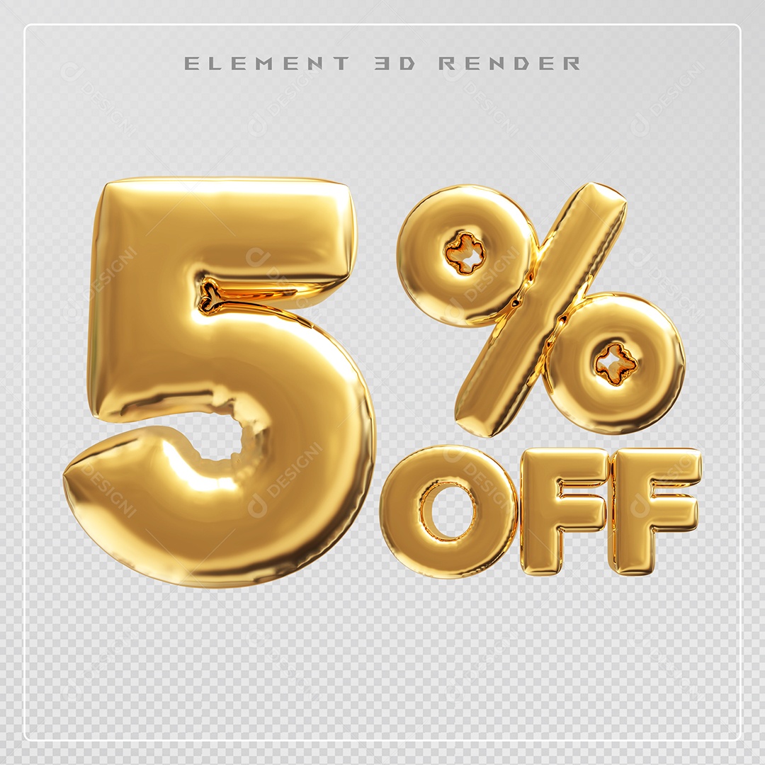 Elemento 3D Número 5% OFF Desconto Dourado para Composição PSD