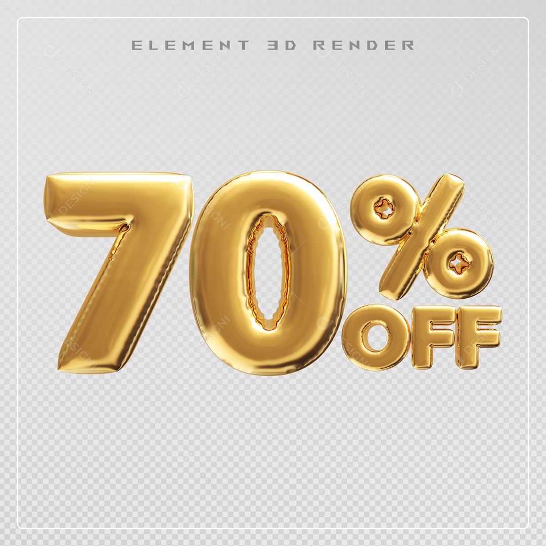 Elemento 3D Número 70% OFF Desconto Dourado para Composição PSD