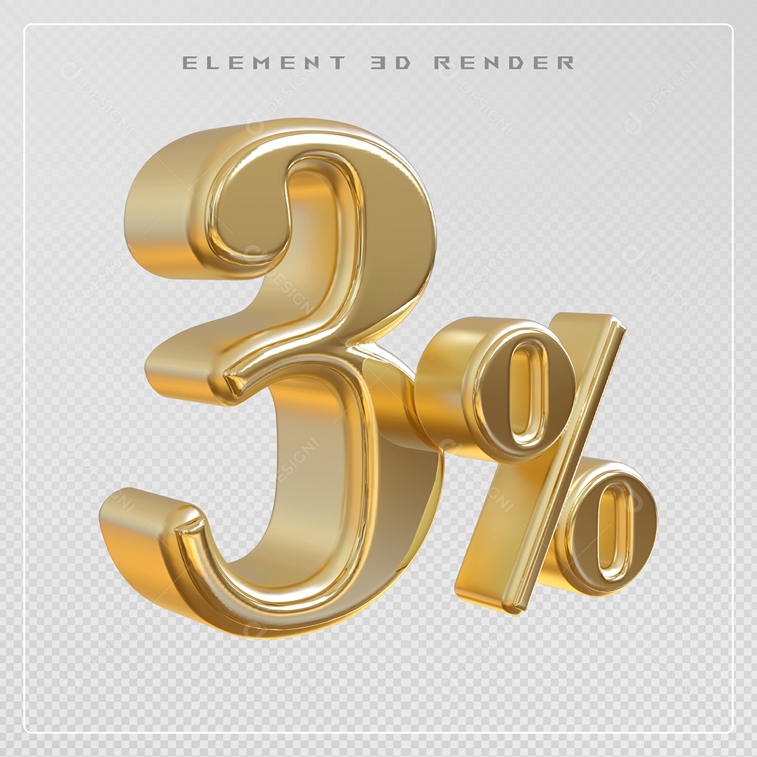 Elemento 3D Número 3% Desconto Dourado para Composição PSD
