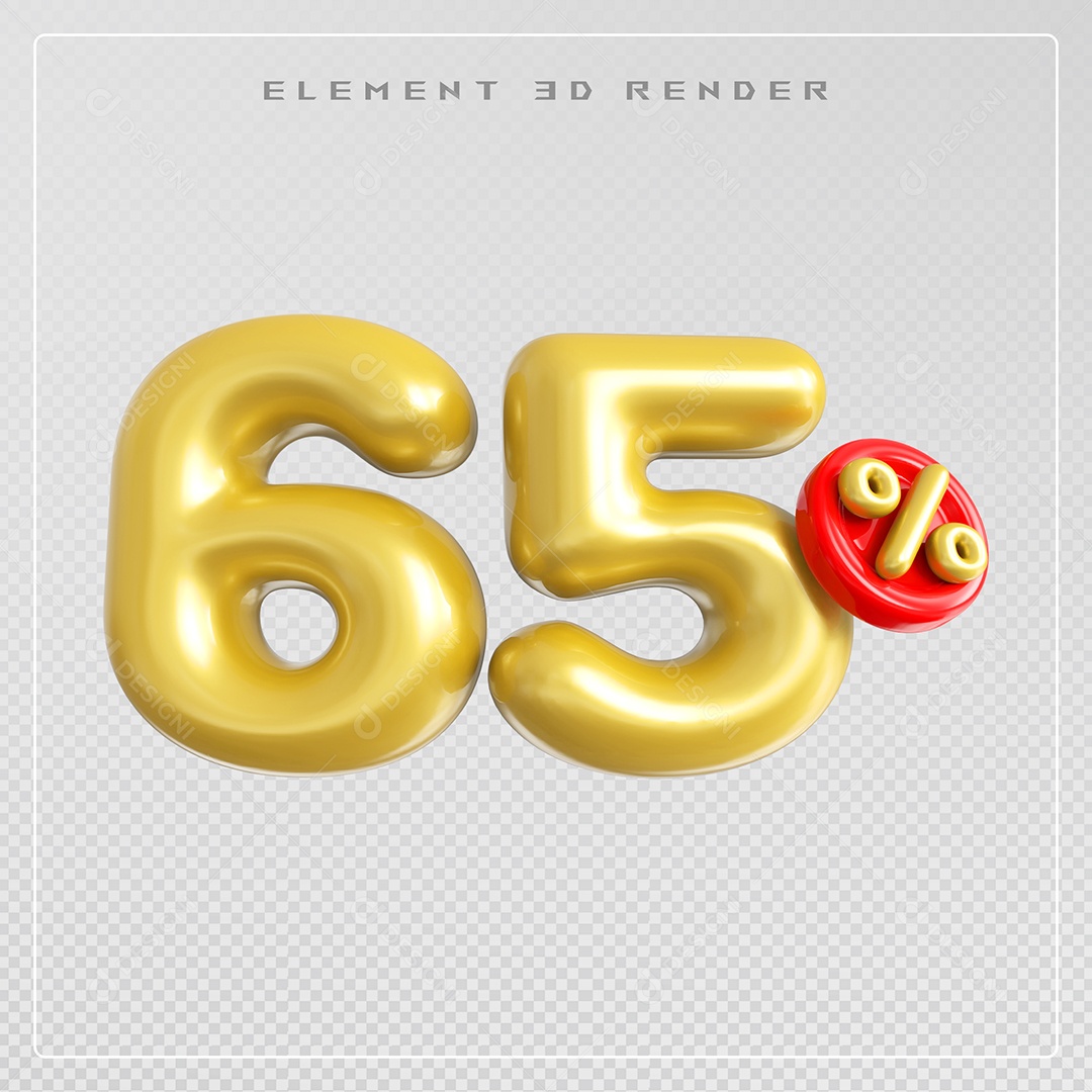 Elemento 3D Número 65% Desconto Dourado para Composição PSD