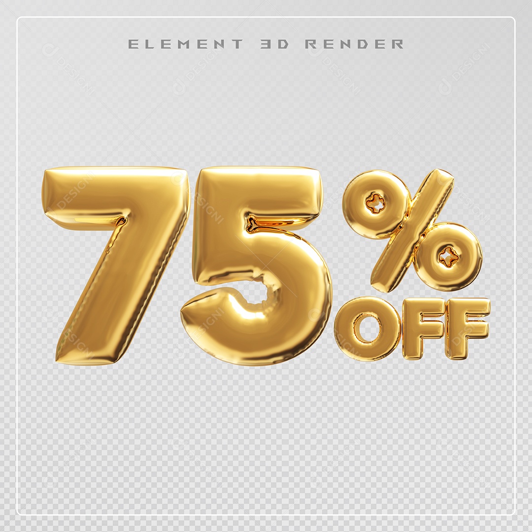 Elemento 3D Número 75% OFF Desconto Dourado para Composição PSD
