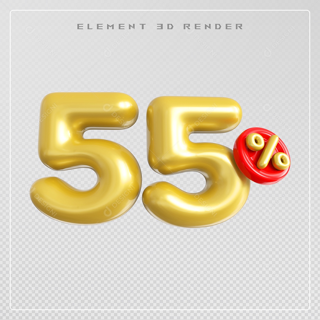 Elemento 3D Número 55% Desconto Dourado para Composição PSD