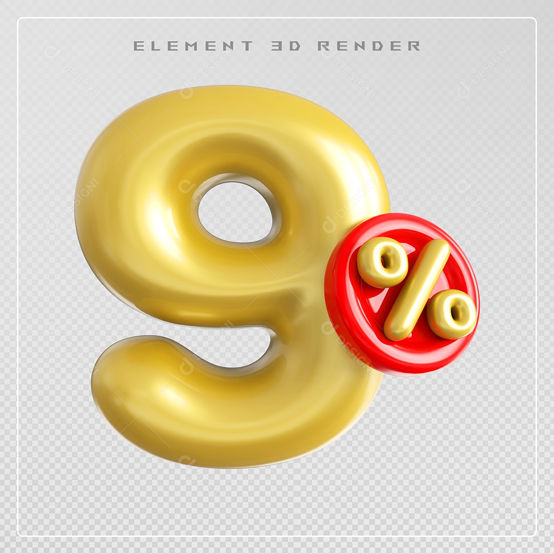 Elemento 3D Número 9% Desconto Dourado para Composição PSD