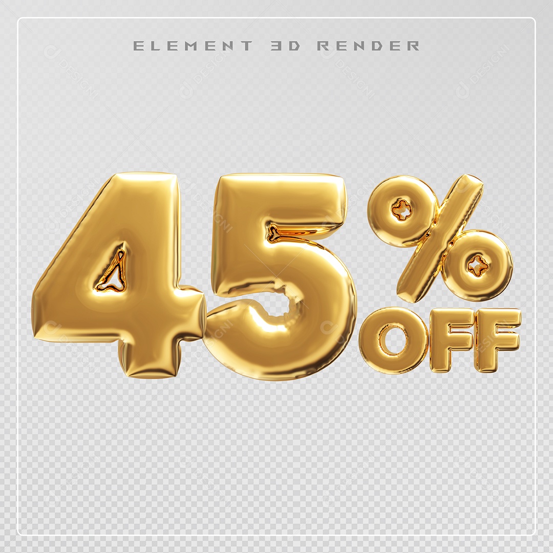 Elemento 3D Número 45% OFF Desconto Dourado para Composição PSD