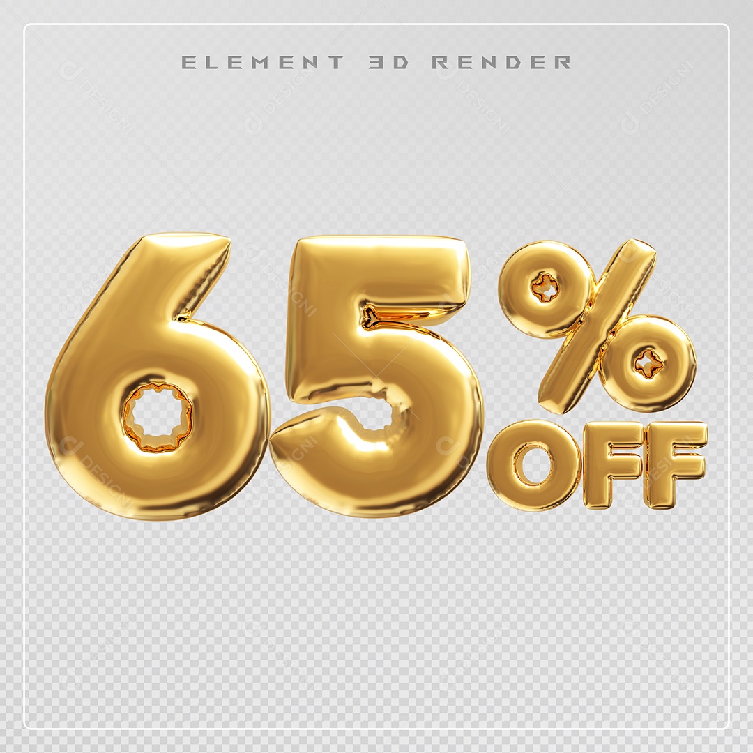 Elemento 3D Número 65% OFF Desconto Dourado para Composição PSD