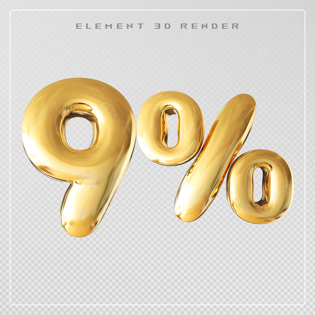 Elemento 3D Número 9% Desconto Dourado para Composição PSD