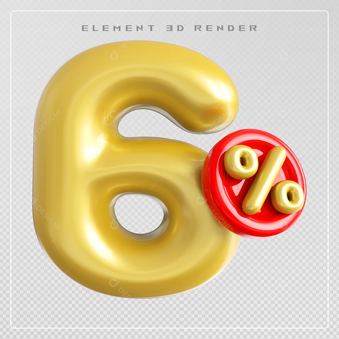 Elemento 3D Número 6% Desconto Dourado para Composição PSD