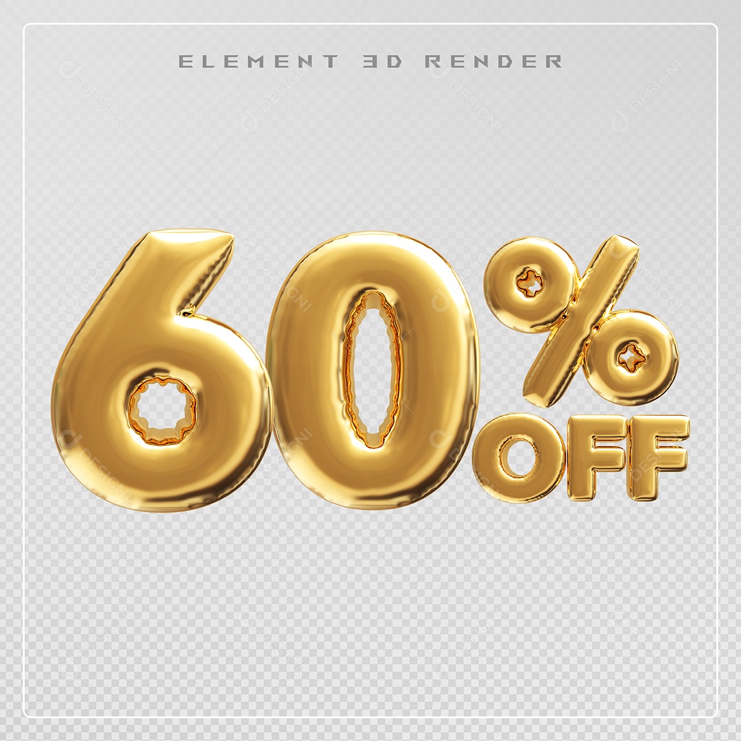 Elemento 3D Número 60% OFF Desconto Dourado para Composição PSD