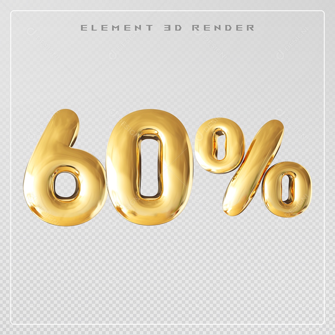 Elemento 3D Número 60% Desconto Dourado para Composição PSD