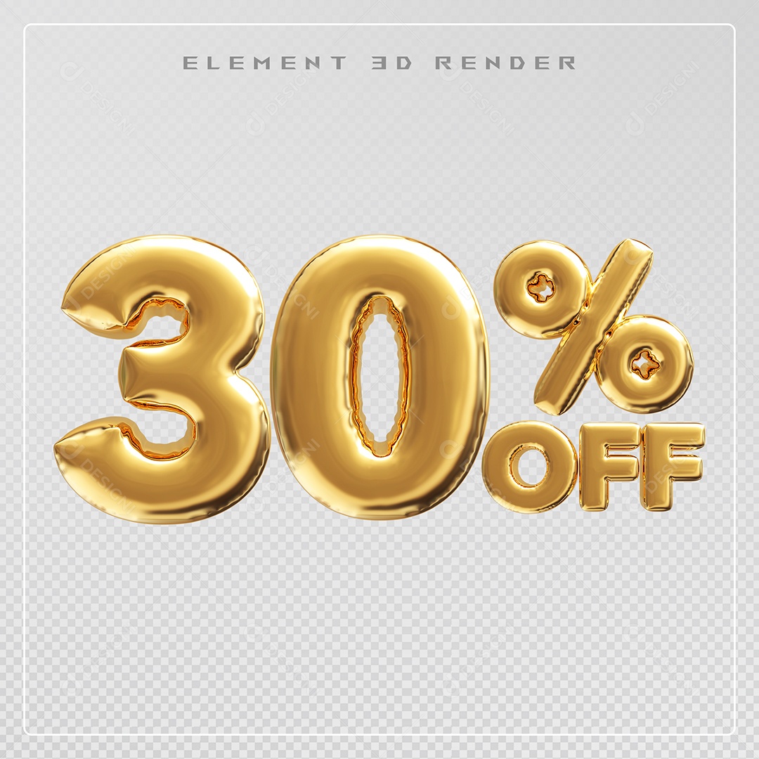 Elemento 3D Número 30% OFF Desconto Dourado para Composição PSD