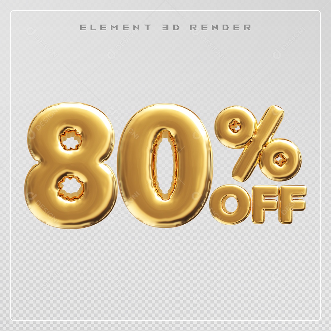 Elemento 3D Número 80%OFF Desconto Dourado para Composição PSD