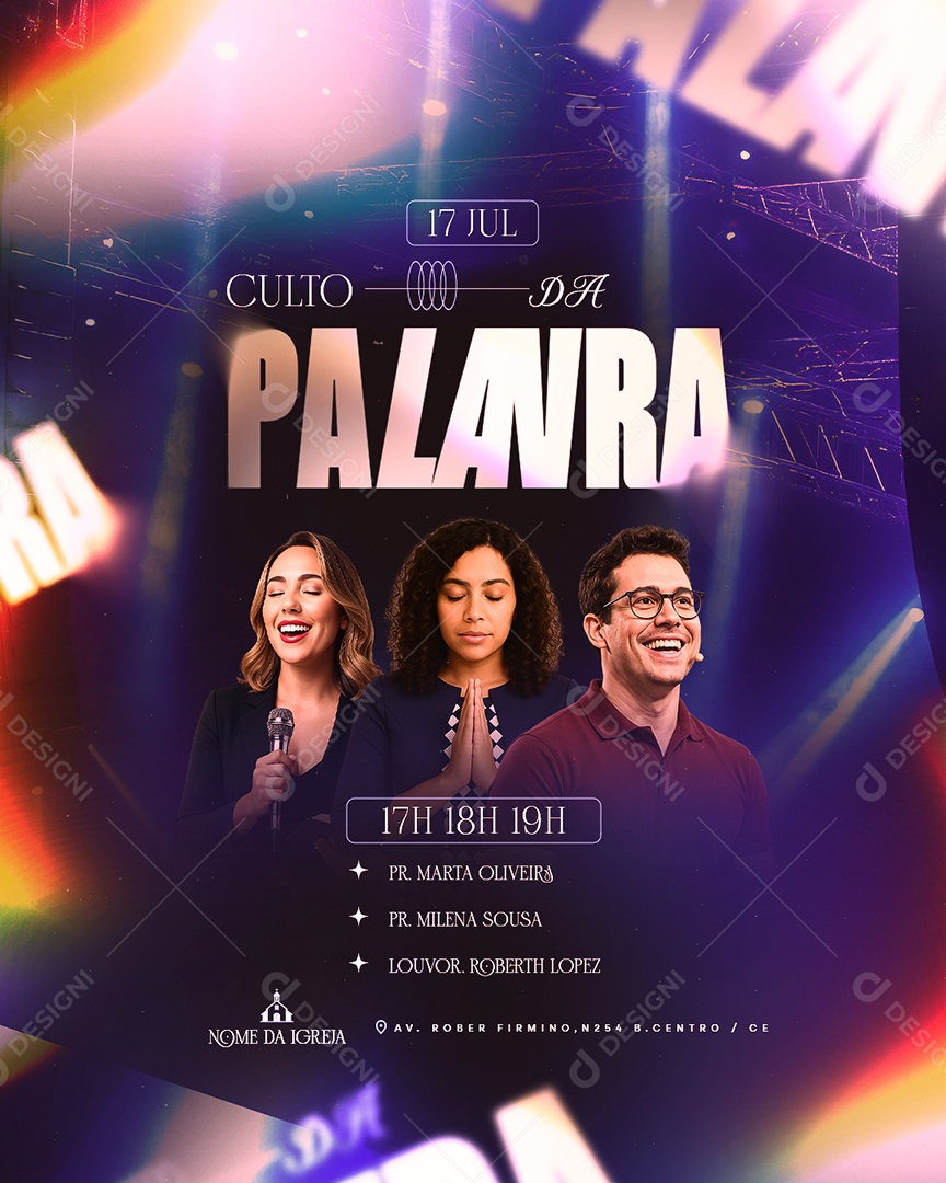 Flyer Gospel Culto da Palavra Social Media PSD Editável