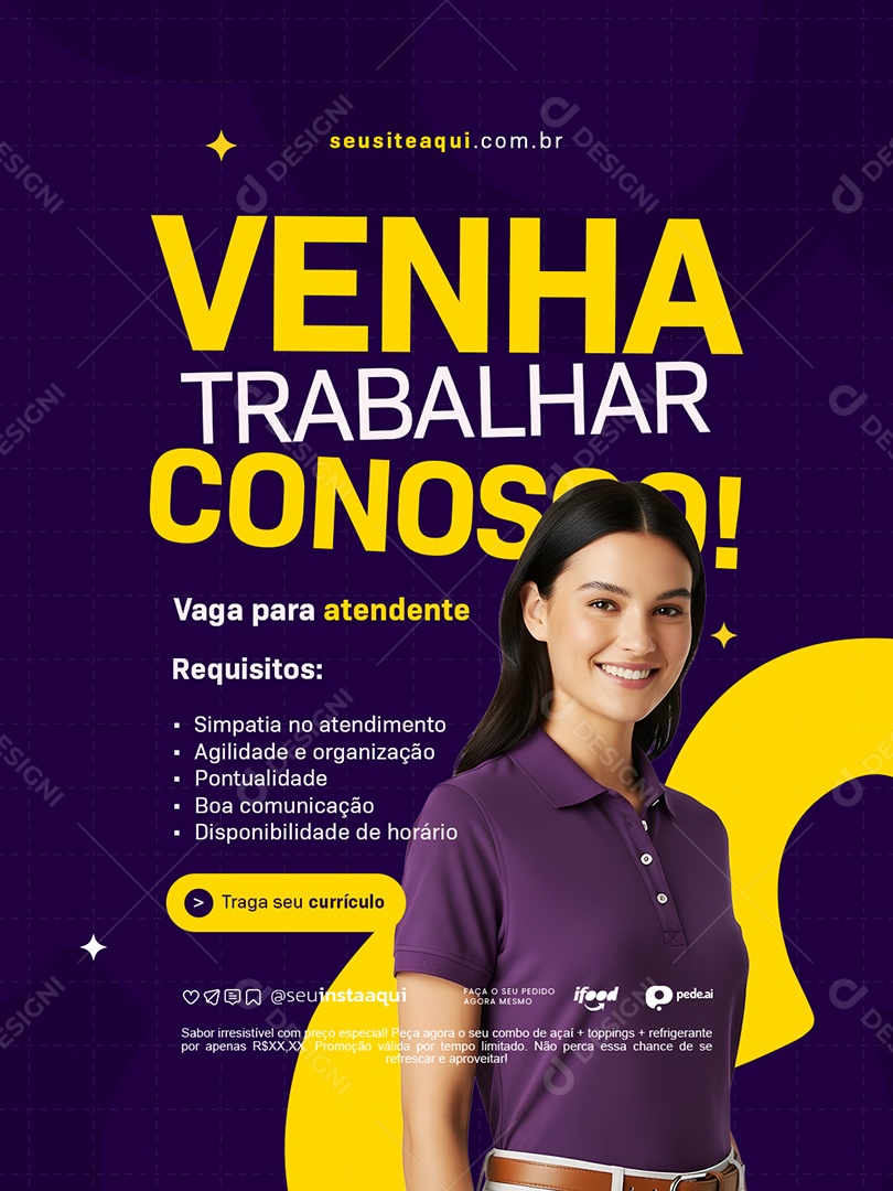 Açaiteria Venha Trabalhar Conosco Social Media PSD Editável