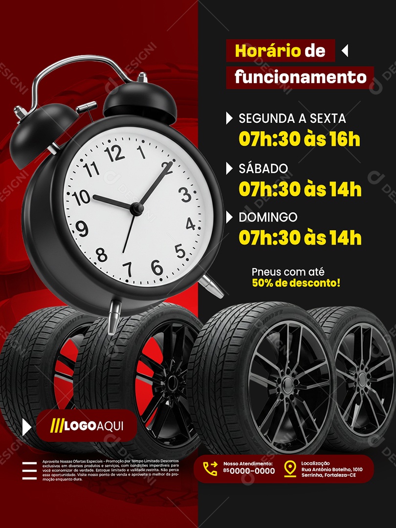 Saldão de Pneus Horário de Funcionamento Social Media PSD Editável