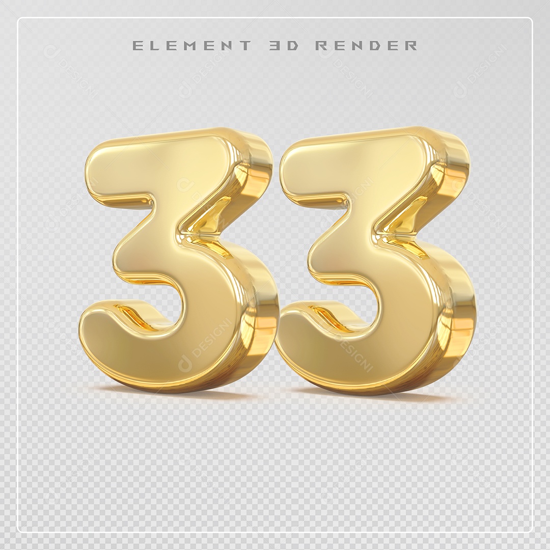 Elemento 3D Número 33 Dourado para Composição PSD