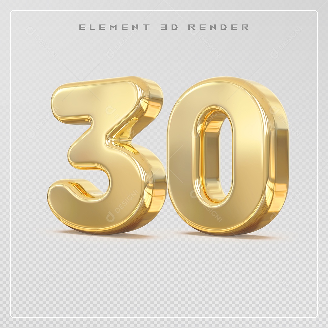 Elemento 3D Número 30 Dourado para Composição PSD