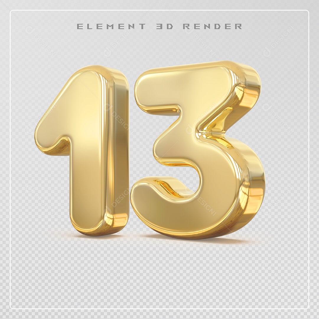 Elemento 3D Número 13 Dourado para Composição PSD