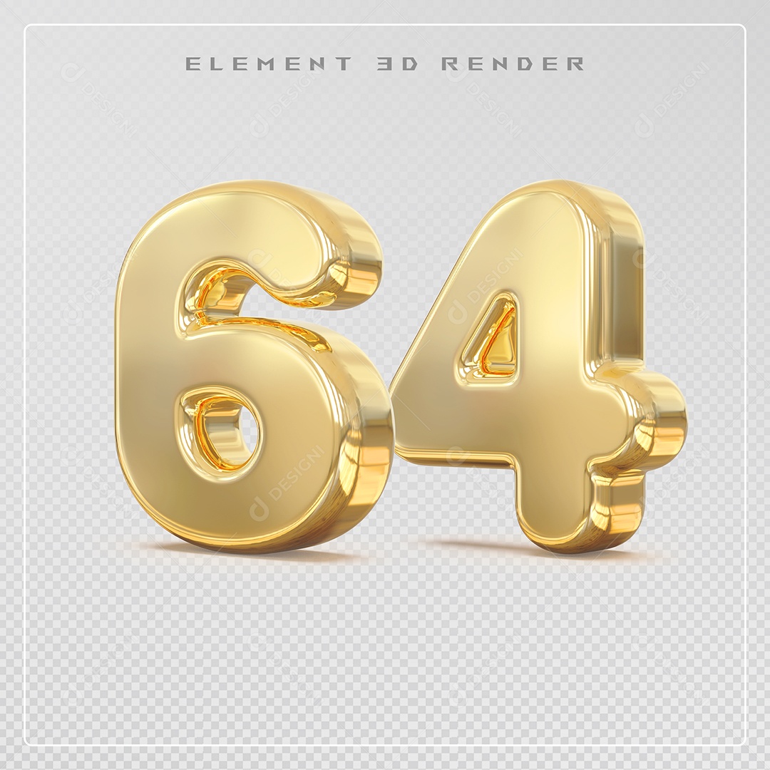 Elemento 3D Número 64 Dourado para Composição PSD