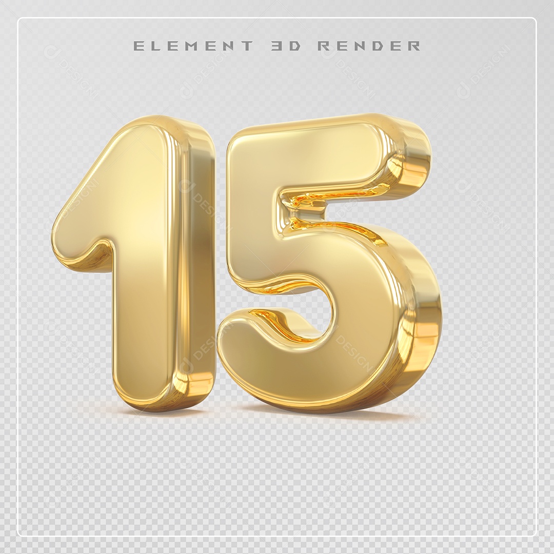 Elemento 3D Número 15 Dourado para Composição PSD
