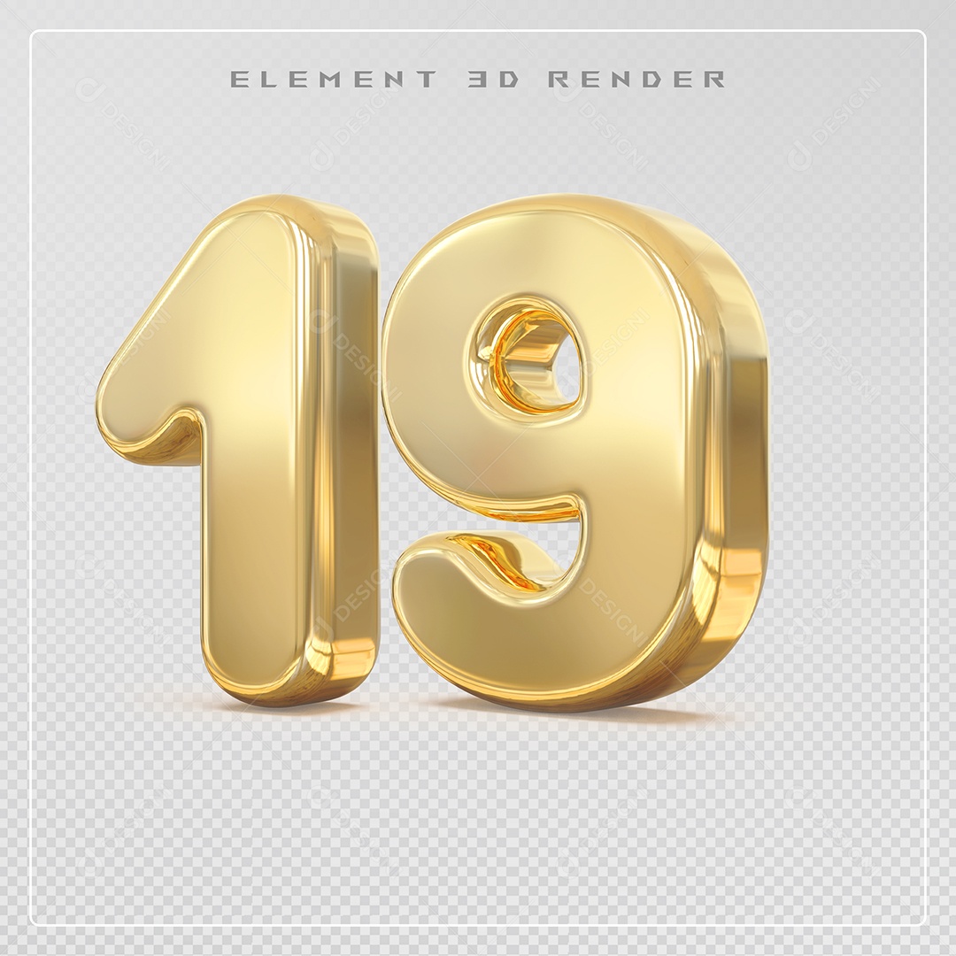 Elemento 3D Número 19 Dourado para Composição PSD