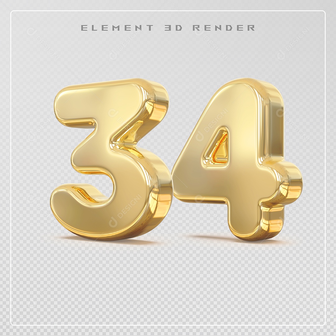 Elemento 3D Número 34 Dourado para Composição PSD