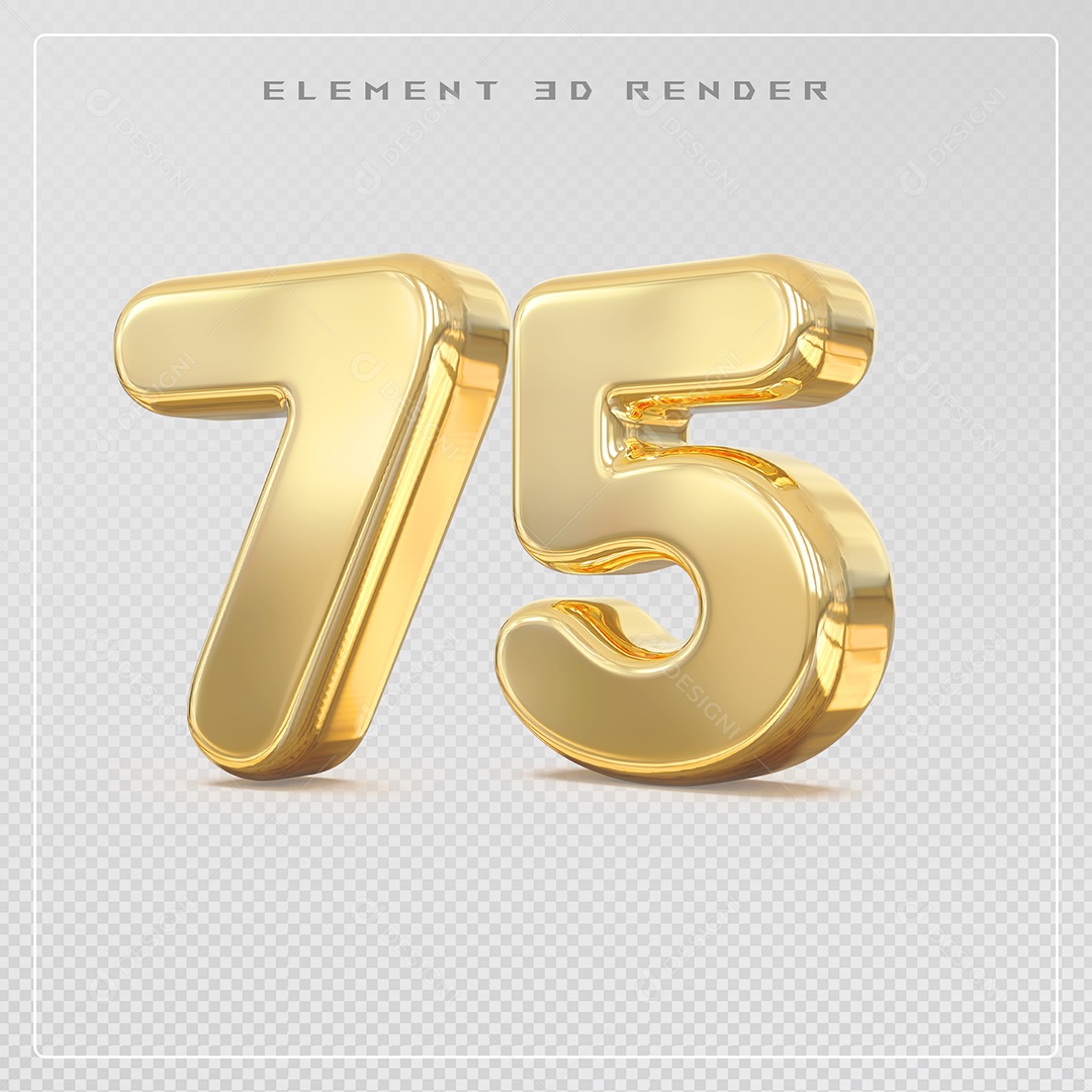 Elemento 3D Número 75 Dourado para Composição PSD