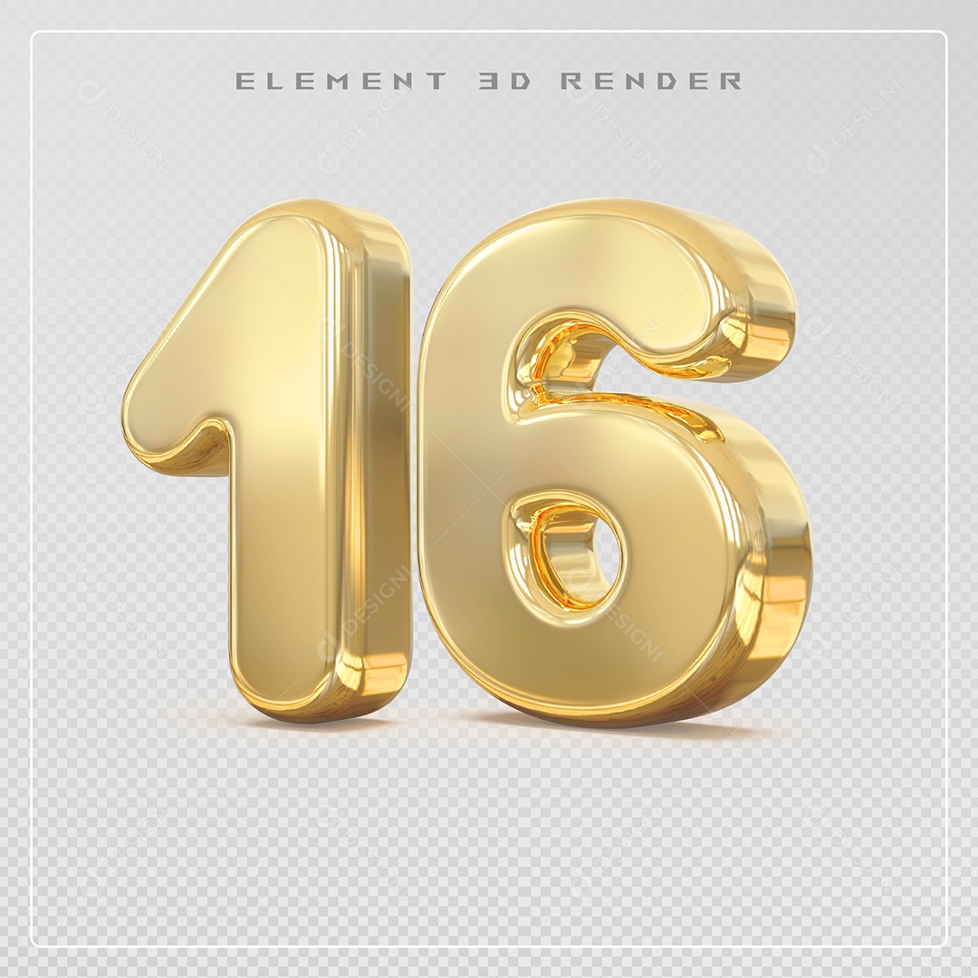 Elemento 3D Número 16 Dourado para Composição PSD