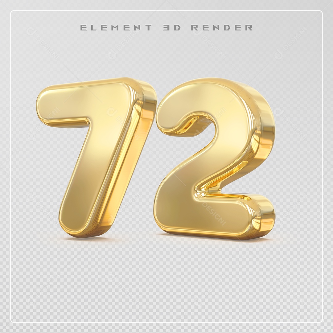 Elemento 3D Número 72 Dourado para Composição PSD