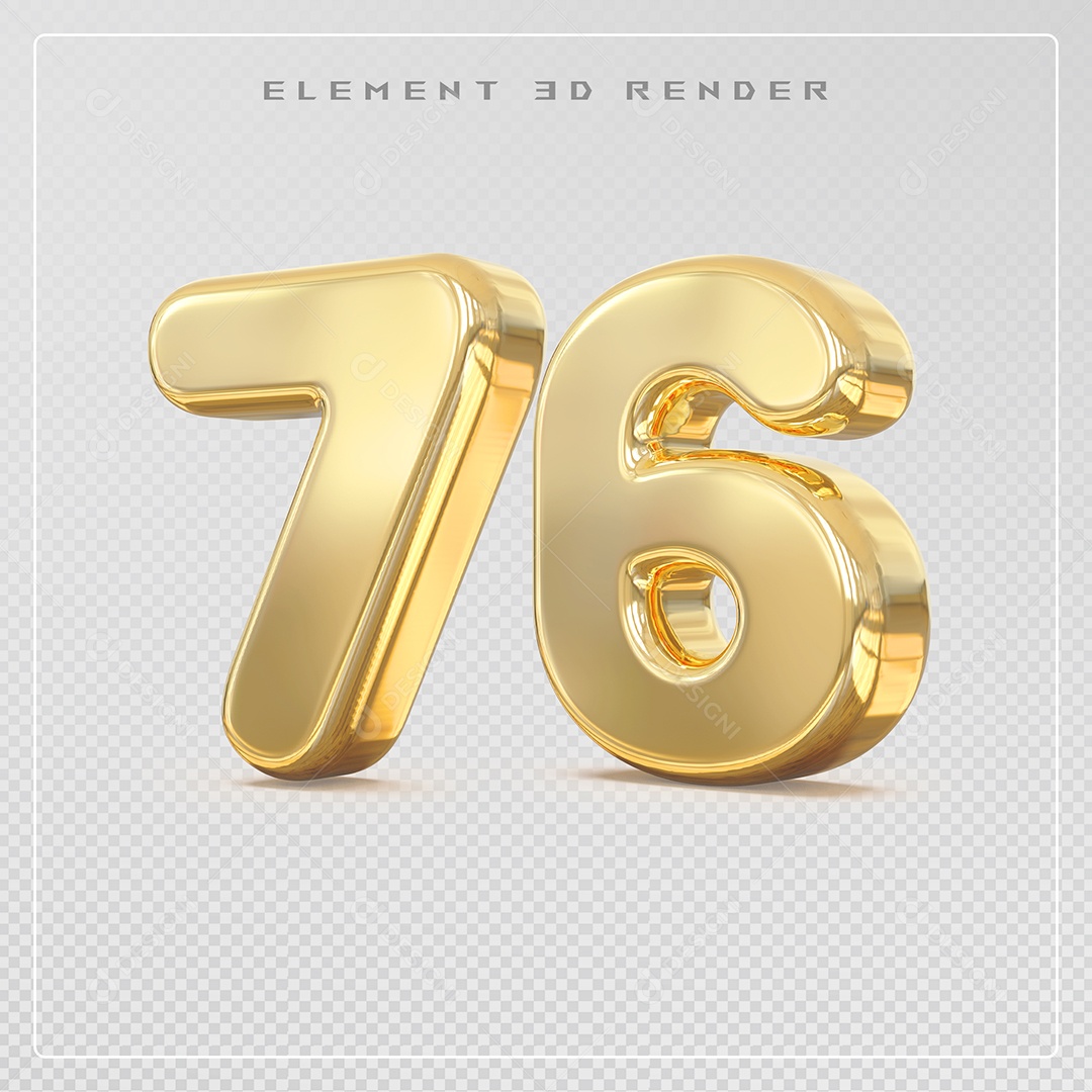 Elemento 3D Número 76 Dourado para Composição PSD