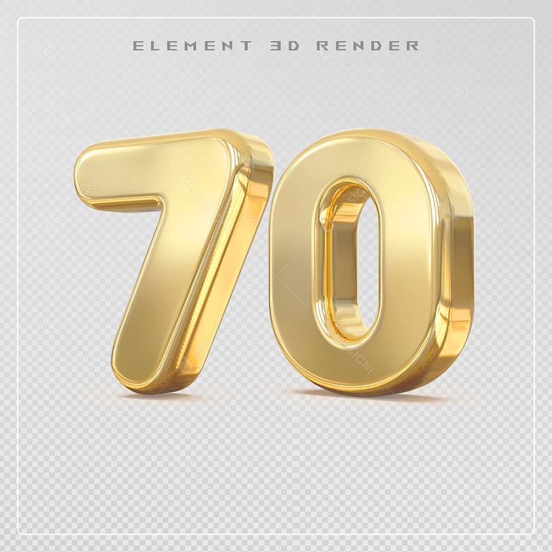 Elemento 3D Número 70 Dourado para Composição PSD