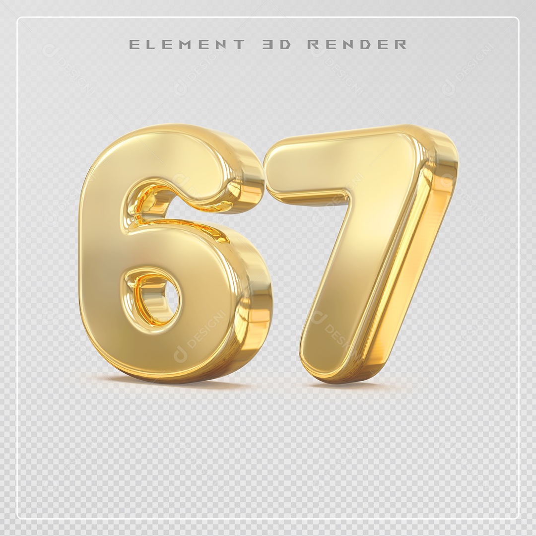 Elemento 3D Número 67 Dourado para Composição PSD