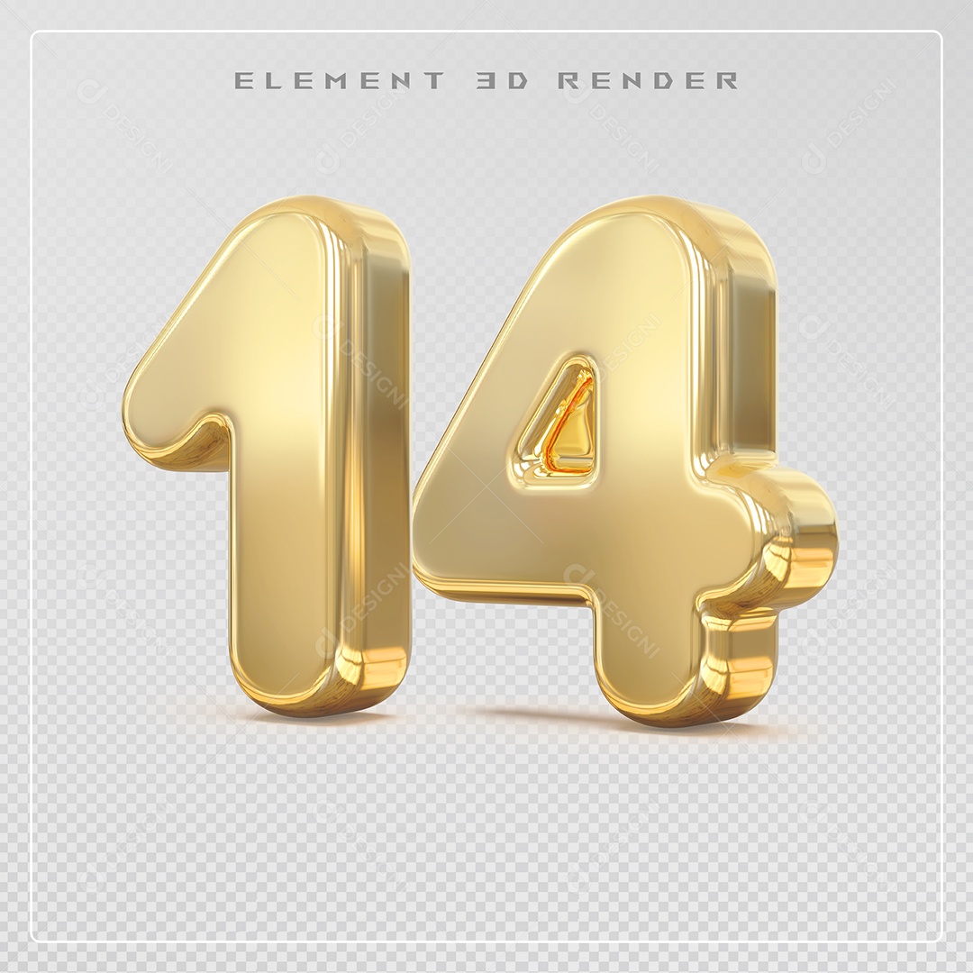 Elemento 3D Número 14 Dourado para Composição PSD