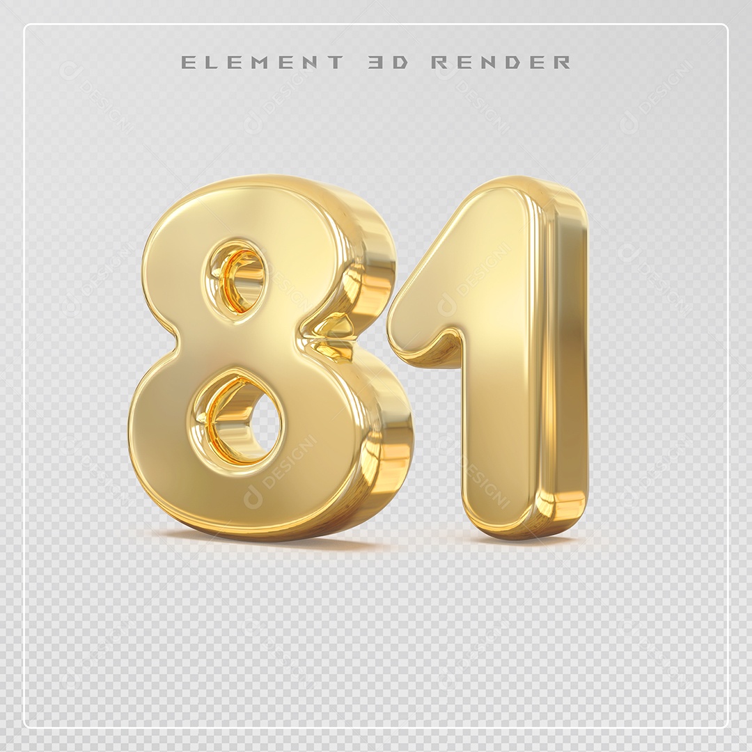 Elemento 3D Número 81 Dourado para Composição PSD