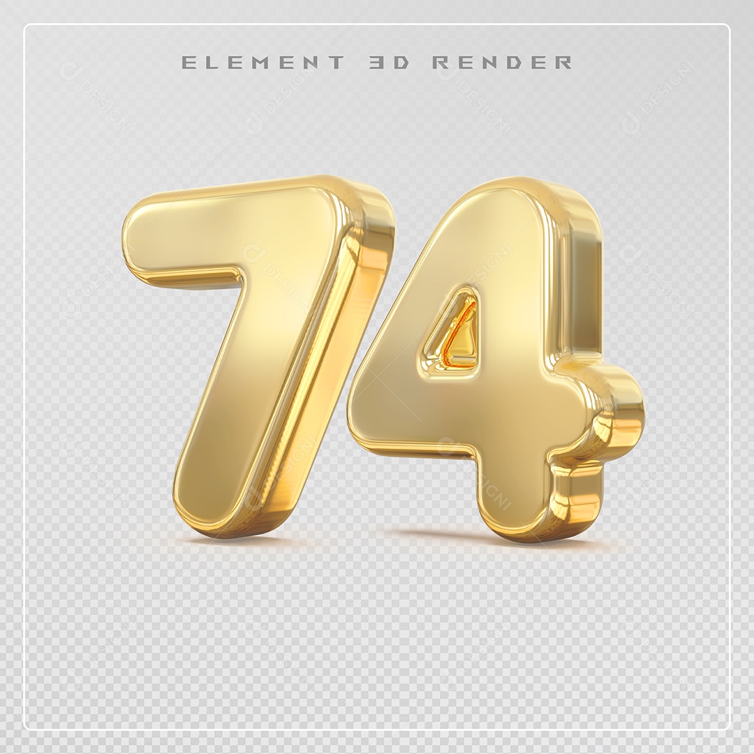 Elemento 3D Número 74 Dourado para Composição PSD