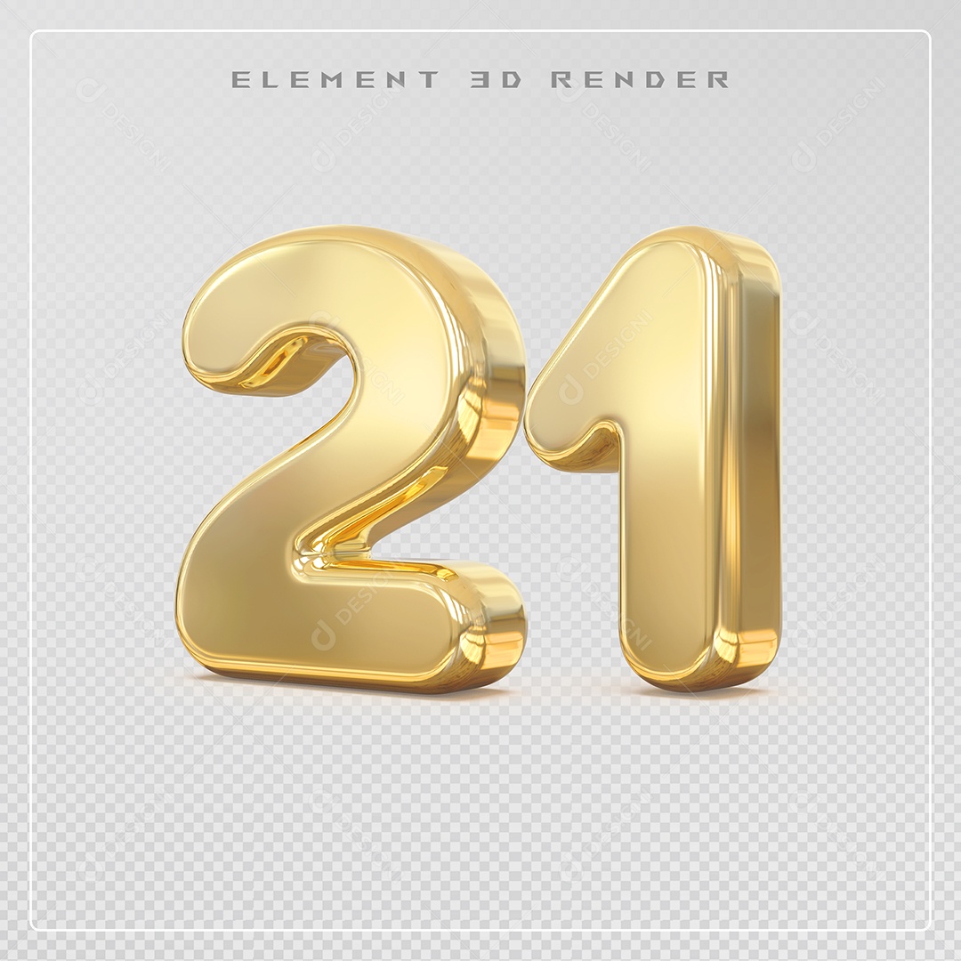 Elemento 3D Número 21 Dourado para Composição PSD