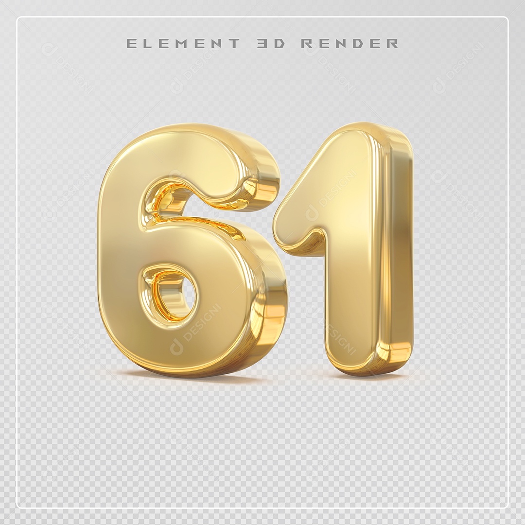 Elemento 3D Número 61 Dourado para Composição PSD