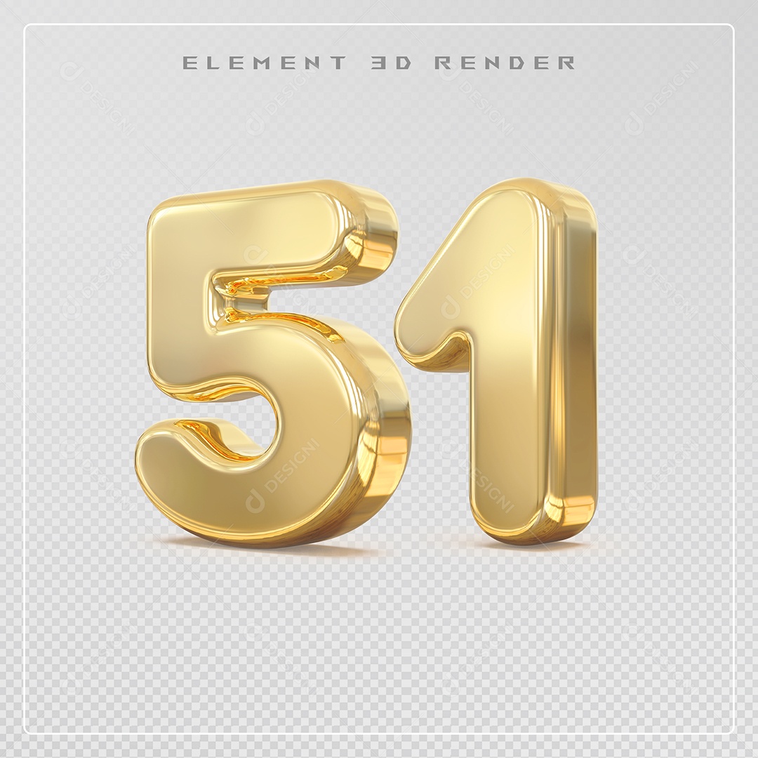 Elemento 3D Número 51 Dourado para Composição PSD