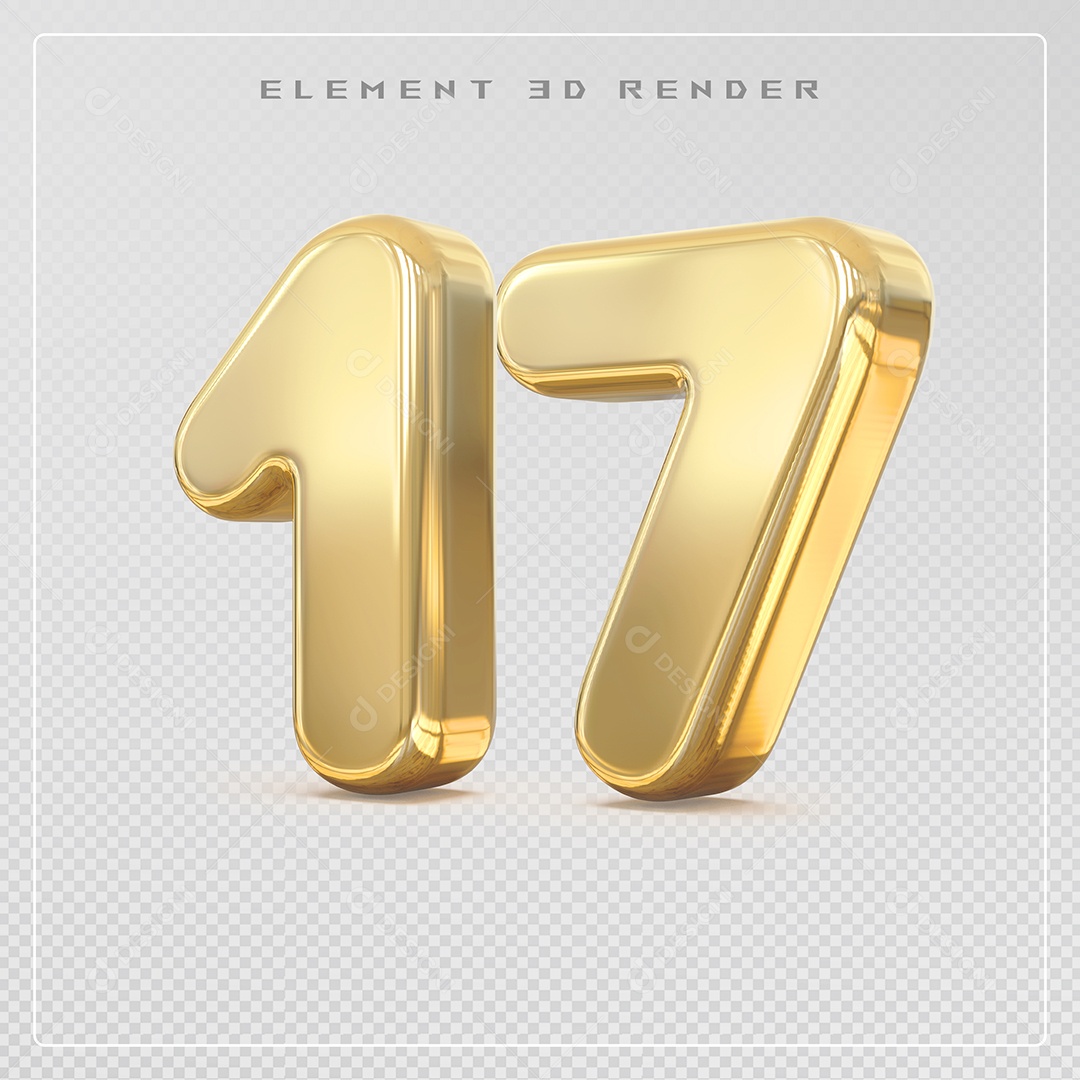 Elemento 3D Número 17 Dourado para Composição PSD