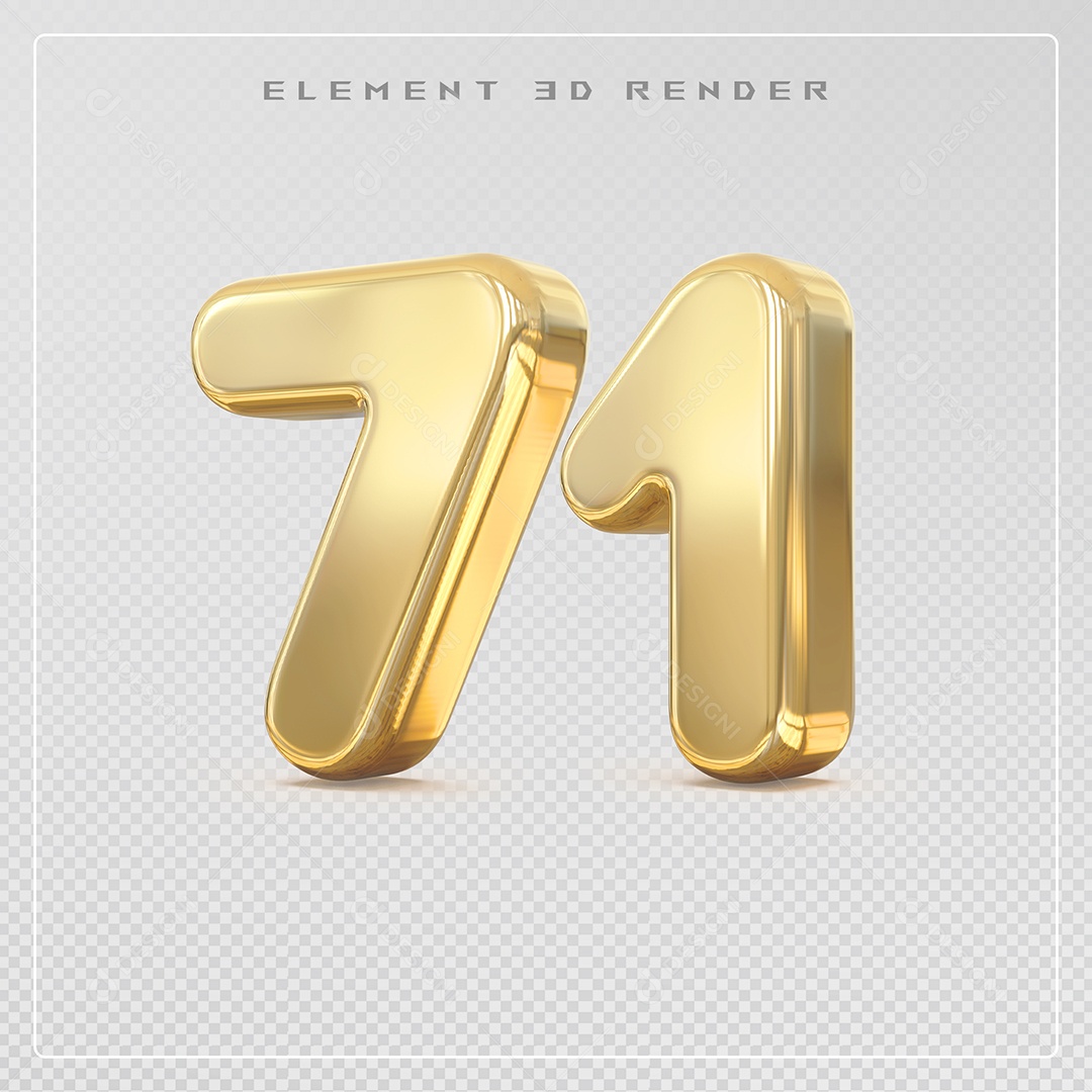 Elemento 3D Número 71 Dourado para Composição PSD