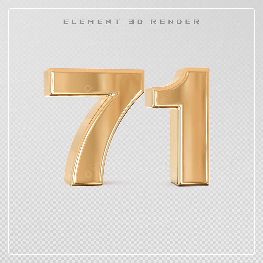 Elemento 3D Número 71 Dourado para Composição PSD