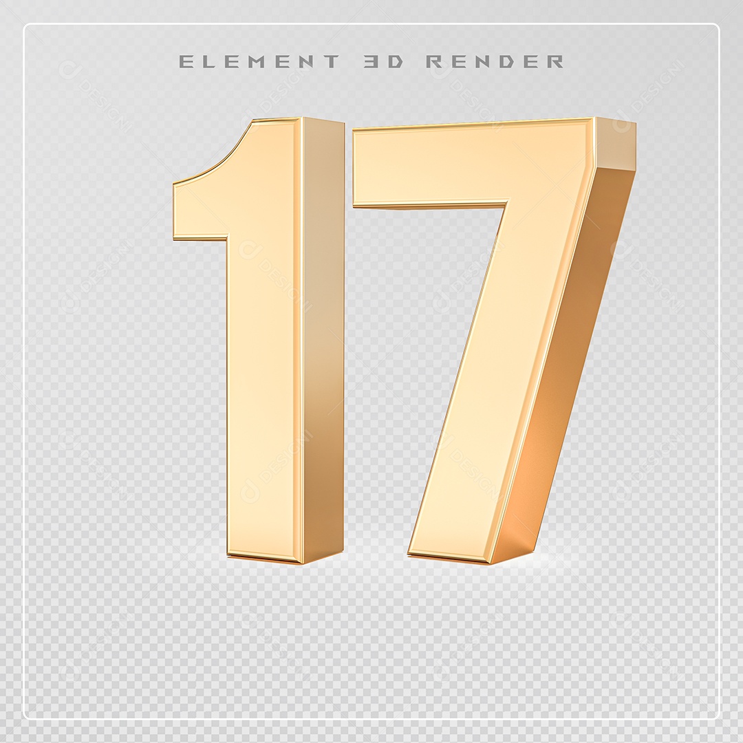 Elemento 3D Número 17 Dourado para Composição PSD