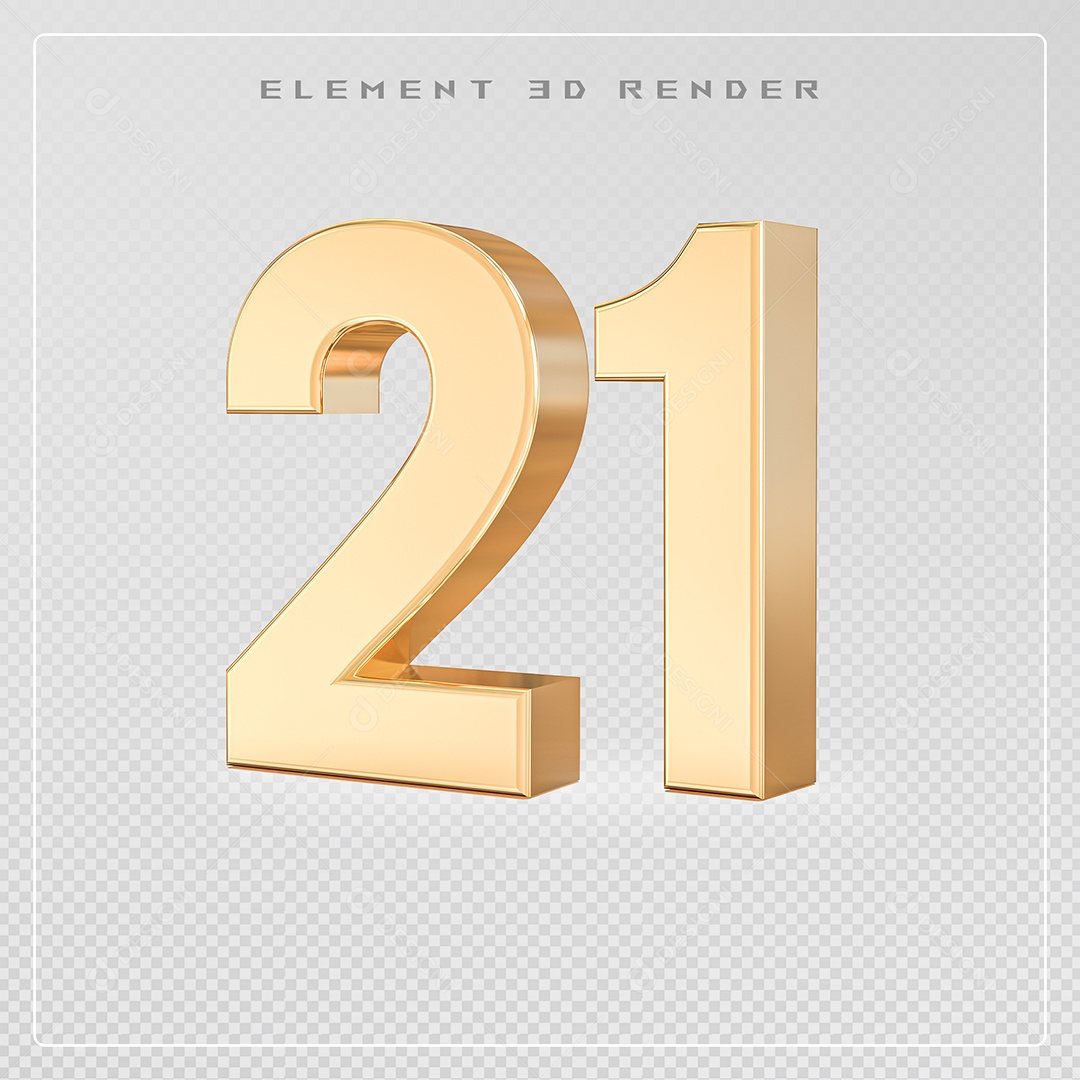 Elemento 3D Número 21 Dourado para Composição PSD