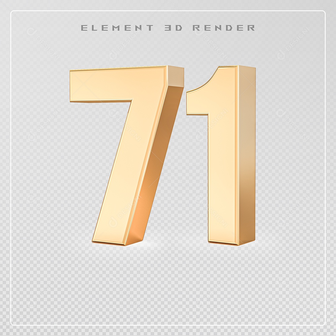 Elemento 3D Número 71 Dourado para Composição PSD