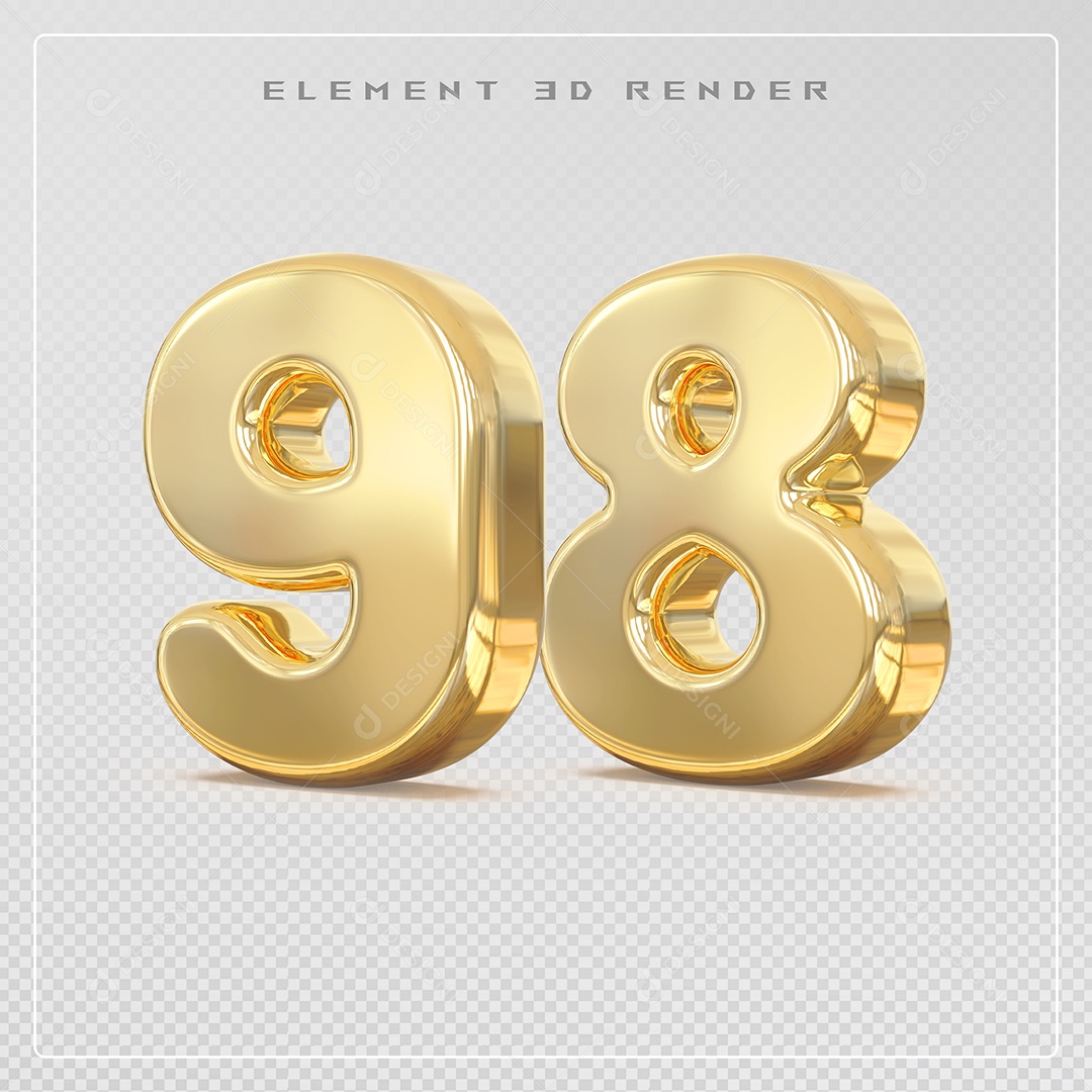 Elemento 3D Número 98 Dourado para Composição PSD