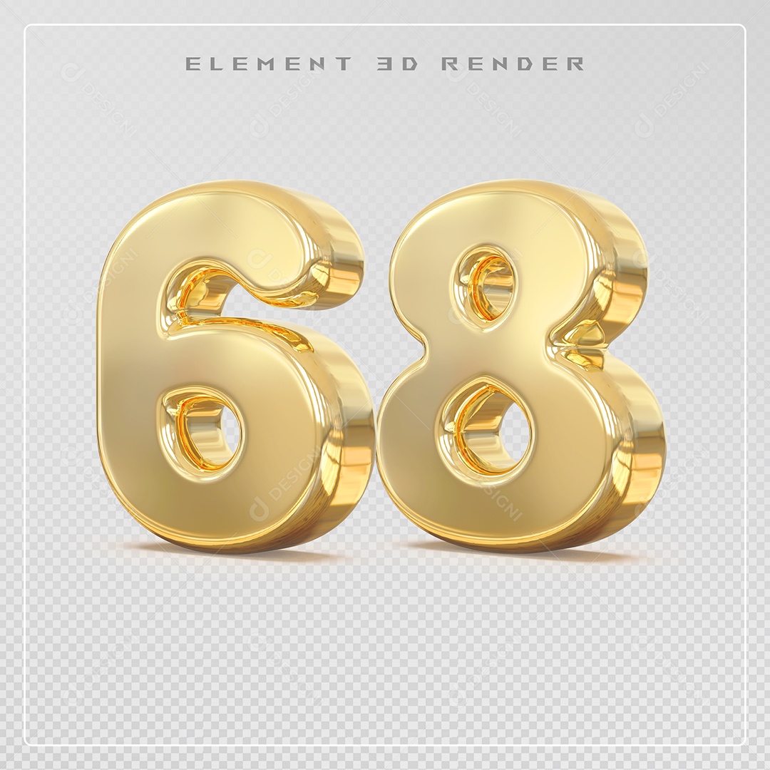 Elemento 3D Número 68 Dourado para Composição PSD