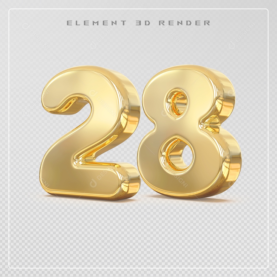 Elemento 3D Número 28 Dourado para Composição PSD